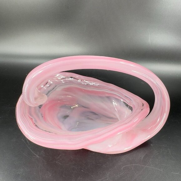 Vintage Sooner Glass Hand Made Pink Swirls Dish Bowl With Handle Basket Handmade - Picture 14 of 14